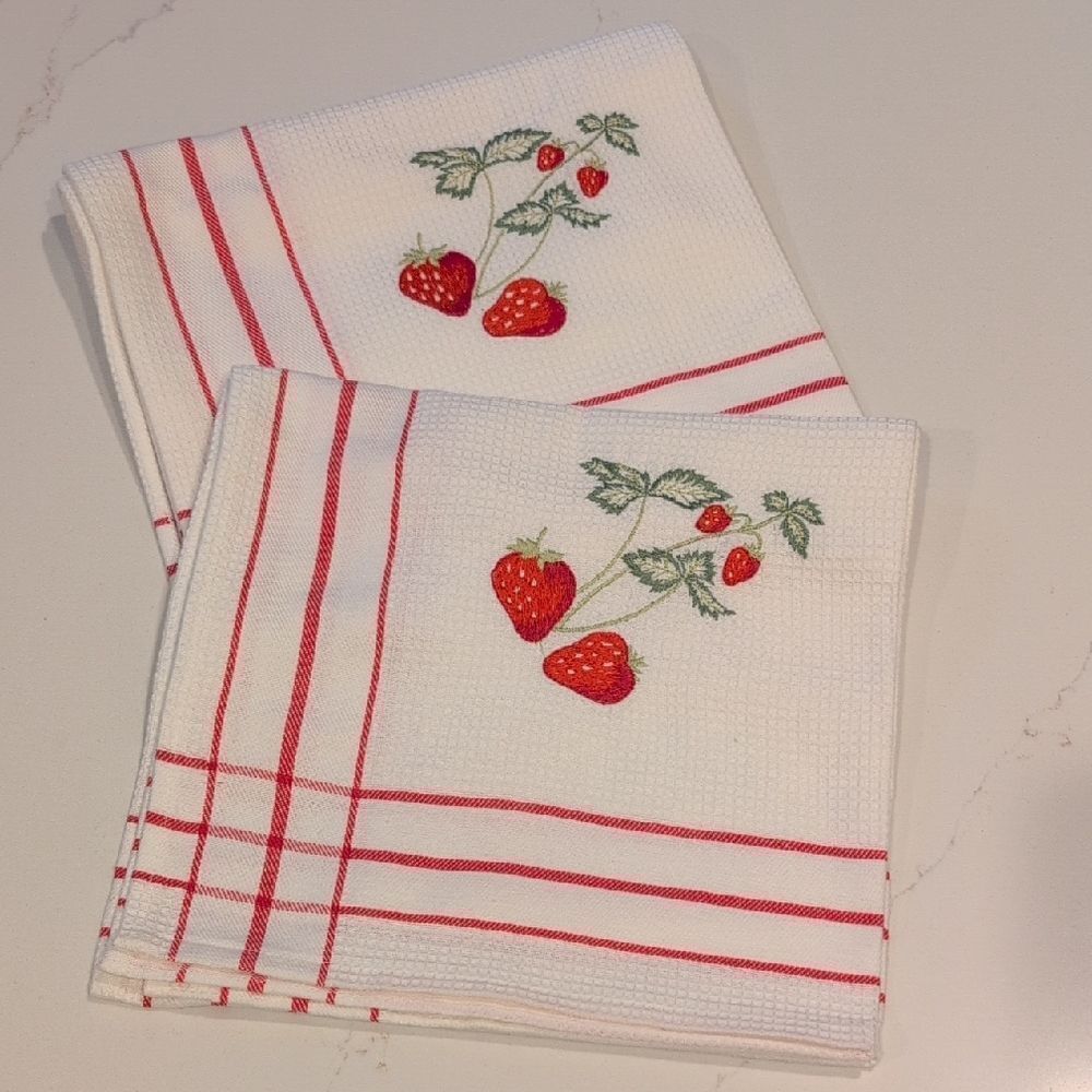 Strawberry Embroidered Cotton Kitchen Towels by Champagne & Eggs Set of 2